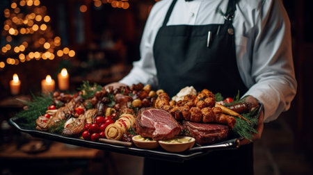 The waiter is holding a plate Various grilled meat set with Pickled cabbage and two sauces Serving on a wooden Board Barbecue restaurant menu a series of photos of differ : Generative AIの素材
