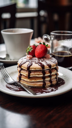 Woman eats chocolate sponge cake with caramel decorated with strawberries and mint leaf Breakfast in the cafe morning coffee on wooden table Restaurant menu : Generative AIの素材