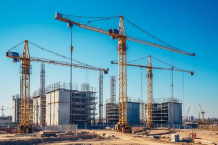 View of a large construction site with buildings under construction and multistorey residential homesTower cranes in action on blue sky background Housing renovation conc : Generative AIの素材