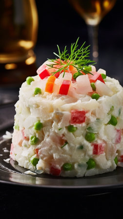 Russian traditional salad Olivier with vegetables and meat Salad on a white dish on table restaurant menu : Generative AIの素材