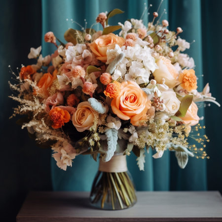 beautiful bouquet of mixed flowers into a vase on wooden table the work of the florist at a flower shop : Generative AIの素材