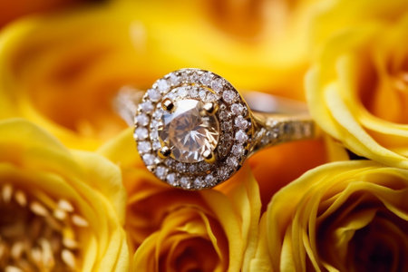 diamond ring on yellow flower Wedding accessories : Generative AIの素材
