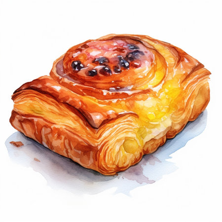 Tasty puff pastry dessert cut in half Delicious pastries with fruit jam on light background black currants or blueberries : Generative AIの素材