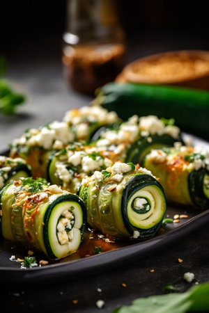 Zucchini rolls with pine nuts Cherry tomatoesmozzarella and Basil on skewers Pesto sauce Tasty buffet table Summer party outdoor : Generative AIの素材
