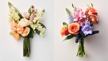 two beautiful spring bouquet Young girl holding a flowers arrangements with various of colors white wall : Generative AIの素材