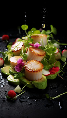 Tartar from scallop with avocado cherry tomatoes radishes and onion Dish in the restaurant from raw seafood : Generative AIの素材