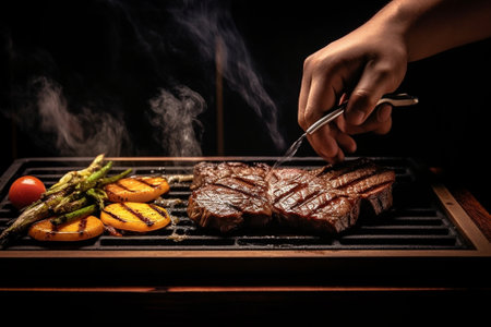 the man in the restaurant with a knife cuts grilled pork ribs Serving on a wooden Board : Generative AIの素材