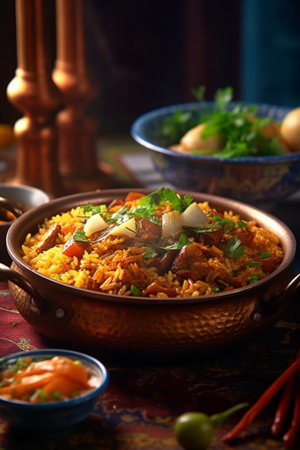 An Uzbek dish called pilaf Rice with meat carrots onions eggs and kazy in a plate of astau on the table A traditional Uzbek dish called pilaf A portion for three people : Generative AIの素材