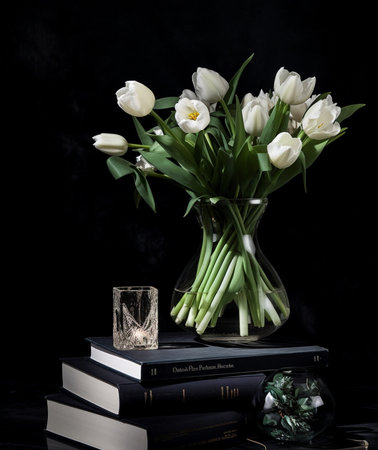 Beautiful white Calla lilies in glass vase on black paper cover : Generative AIの素材