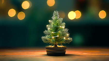 Beautiful small Christmas tree on wooden table Happy mood Garland lamp bokeh on background Wallpaper Danish pine and fir Nobilis : Generative AIの素材