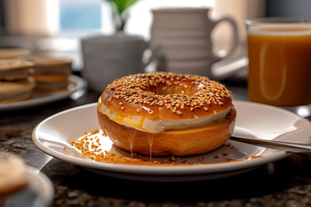 A man dips a piece of bread into hummus Turkish breakfast with simit cheese tomato cucumber olives Breakfast with coffee in the restaurant Morning nutritious meal : Generative AIの素材