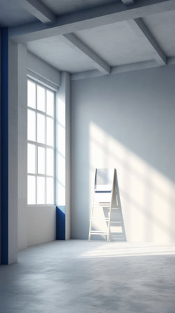 Aluminium ladder in a room under construction works Repair process in an empty bright room Empty interior for design gray concrete wall : Generative AIの素材
