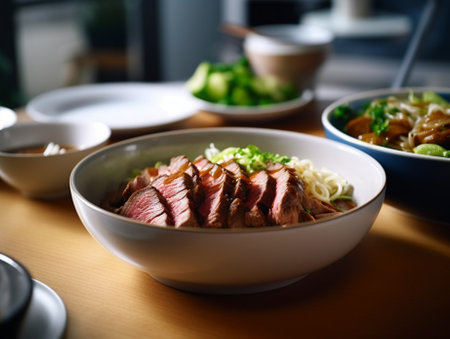 Bowl of salad with beef teriyaki and vegetables Asian food Salad on a white dish on table restaurant menu : Generative AIの素材