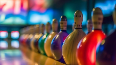Blurred image of colorful bowling arena with circle light or bokeh Concept for blur background competition hobby team defocus : Generative AIの素材