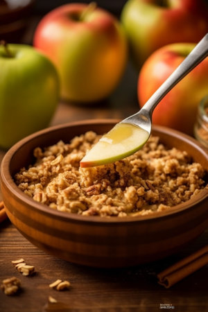 Breakfast and coffee in the summer cafe Fresh oatmeal porridge with apples honey nuts and cinnamon close up for healthy breakfast : Generative AIの素材