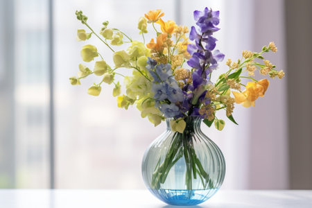 Bouquet of blue muscari flowers in glass vase in woman hands Spring bulbous flowers Flower shop concept : Generative AIの素材