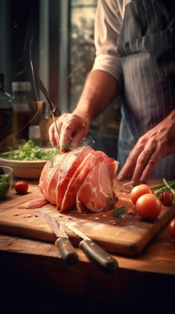 Chief chops and marinates pork Professional chef in a kitchen of restaurant cooking : Generative AIの素材