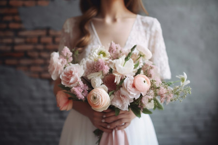 Brides wedding bouquet with peonies freesia and other flowers in womens hands Light and lilac spring color Morning in room : Generative AIの素材