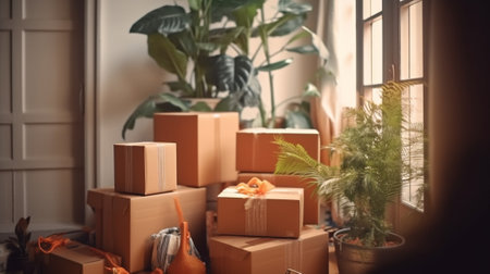 Cardboard boxes potted plants and household stuff indoors Moving day : Generative AIの素材