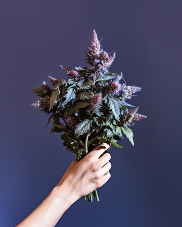 Bunch of fresh delphinium Woman florist holds a bouquet of delphinium gradient flowers from lilac to purple : Generative AIの素材