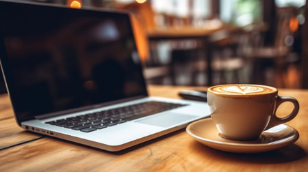 A hot cappuccino coffee with cookie and a laptop computer on the table in the coworking space of the coffee shop Online business work in cafe portable office concept clos : Generative AIの素材