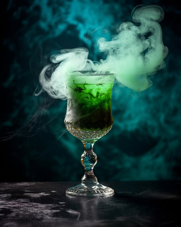 Burning Green cocktail in shot glass on black background : Generative AIの素材