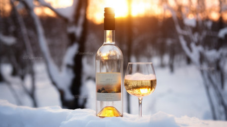 Champagne pouring in two glasses winter forest : Generative AIの素材