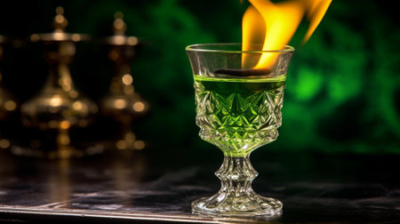 Burning Green cocktail in shot glass on black background : Generative AIの素材