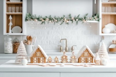 Christmas morning in the bright living room Homemade gingerbread house on background room decorated for Christmas : Generative AIの素材