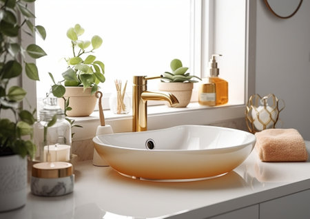 Closeup of an elegant golden faucet in the bathroom sink next to stylish decorations A beautiful sink with a golden faucet next to an oval mirror and a shelf with hand to : Generative AIの素材