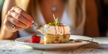 Closeup woman eating tartar in the restaurant Variety of dishes on the table Italian cuisine : Generative AIの素材