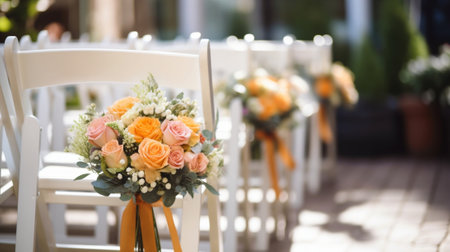 Beautiful wedding ceremony design decoration elements with fresh flowers composition floral design petals roses and chairs selective focus : Generative AIの素材