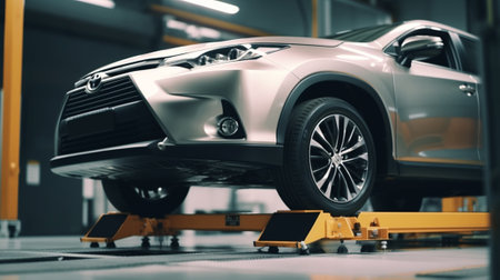Car on stand with sensors wheels for alignment camber check in workshop of Service station : Generative AIの素材