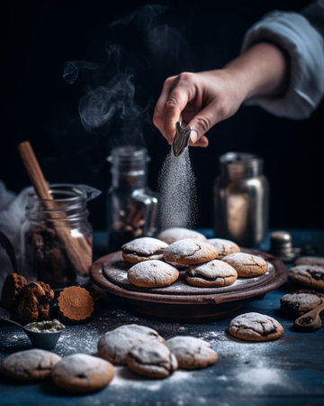 Cookies in the form of snowman Christmas winter morning Woman draws Icing on honey gingerbread cookies Wooden brown table copy space : Generative AIの素材