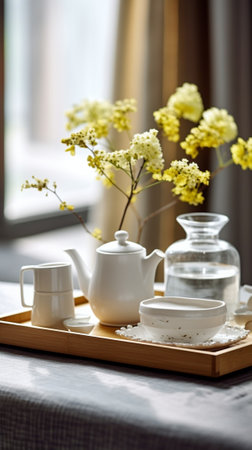 Brewing white tea in a transparent teapot Everything is ready for the tea ceremony The ceremony is according to all the rules but not in the classical style Adapted to a  : Generative AIの素材