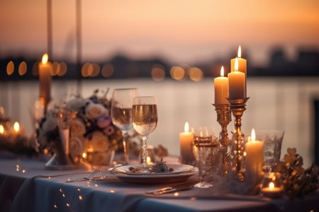 Candles and goblets on a decorated wedding table selective focus : Generative AIの素材
