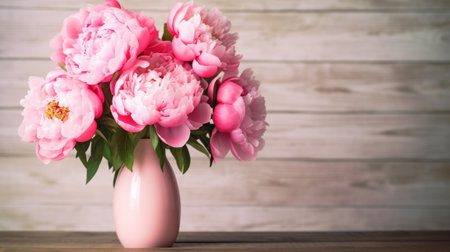 Coral peonies in a glass vase on wooden table Beautiful peony flower for catalog or online store Floral shop concept Beautiful fresh cut bouquet Flowers delivery : Generative AIの素材