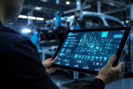 Computer diagnostics of electronic systems of the car Car mechanic maintains a vehicle with the help of a diagnostic tablet computer Modern technology in the car repair s : Generative AIの素材
