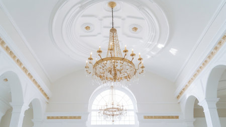 Expensive interior Large electric chandelier made of transparent glass beads White ceiling decorated with stucco molding White patterned Mouldings element from gypsum : Generative AIの素材
