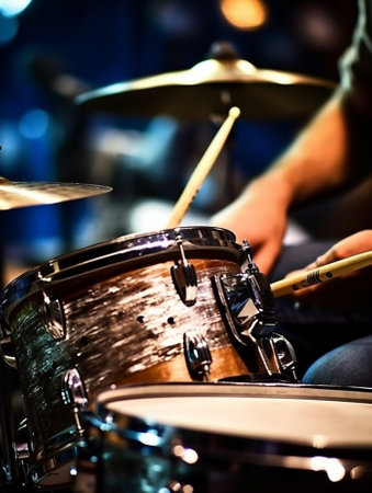 Drummer playing on drum kit on stage Closeup of plate drums sticks in background scene spotlights : Generative AIの素材