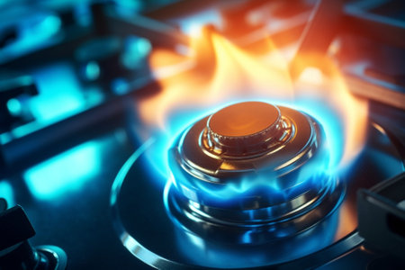 Closeup shot of blue fire from domestic kitchen hob Gas cooker with burning flames propane gas : Generative AIの素材