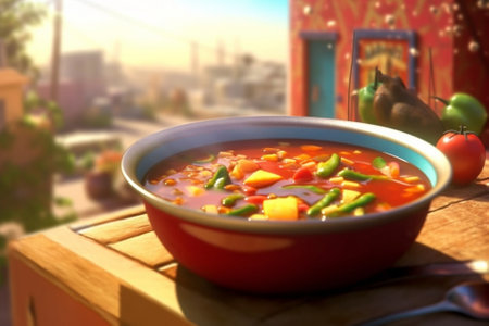 Fresh Mexican tomato soup with corn and vegetables bowl of bean soup with rosemary like chili con carne with tacos : Generative AIの素材
