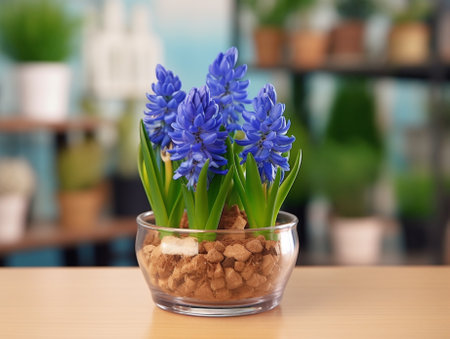 Close up of buds Bouquet of blue muscari flowers in glass vase on wooden table Spring bulbous flowers Flower shop concept : Generative AIの素材
