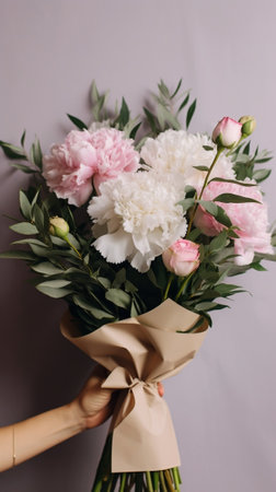 Flowers pink color peony roses misty bubbles Beautiful bouquets in woman hand Floral shop concept Flowers delivery : Generative AIの素材