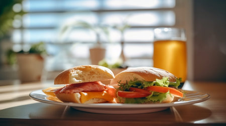 French toast brioche Sandwich with salmon and cucumber Light morning Breakfast fresh warm pastries and aromatic cappuccino coffee on table in restaurant : Generative AIの素材