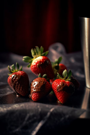 Fresh strawberries dipped in dark chocolate on a glass plate : Generative AIの素材