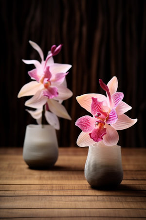 Japanese Wanda Orchid in metal vases in womens hands Bunch pale pink white the concept of a florist in a flower shop Wallpaper : Generative AIの素材