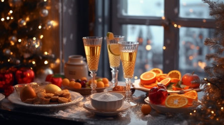 Hand with a glass of champagne in the foreground A small table is served with snacks bruschettas and canapes A decorated dining table with champagne glasses candles and c : Generative AIの素材