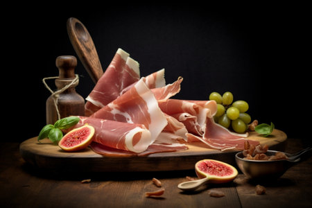 Italian antipasti and appetizers board with slices prosciutto salami dried pork salami ham with herbs : Generative AIの素材
