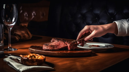 Lunch in a restaurant a woman cuts delicious Beefsteak marbled beef served with bulgur and smoked onion cream Barbecue restaurant menu a series of photos of different mea : Generative AIの素材
